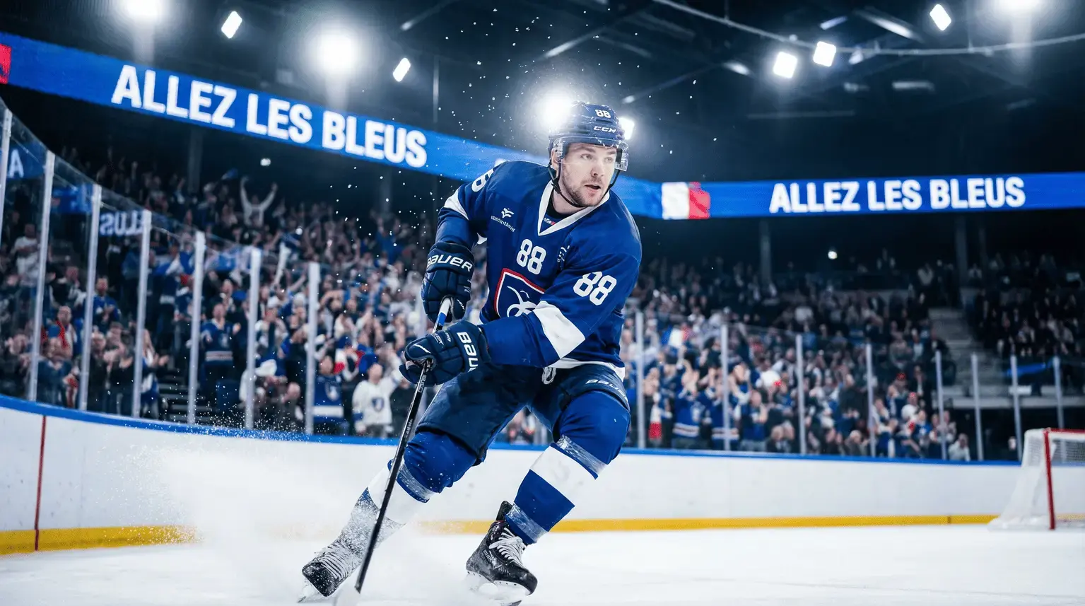 Joueurs de hockey sur glace en plein match, illustration des stratégies de paris sportifs avancées.