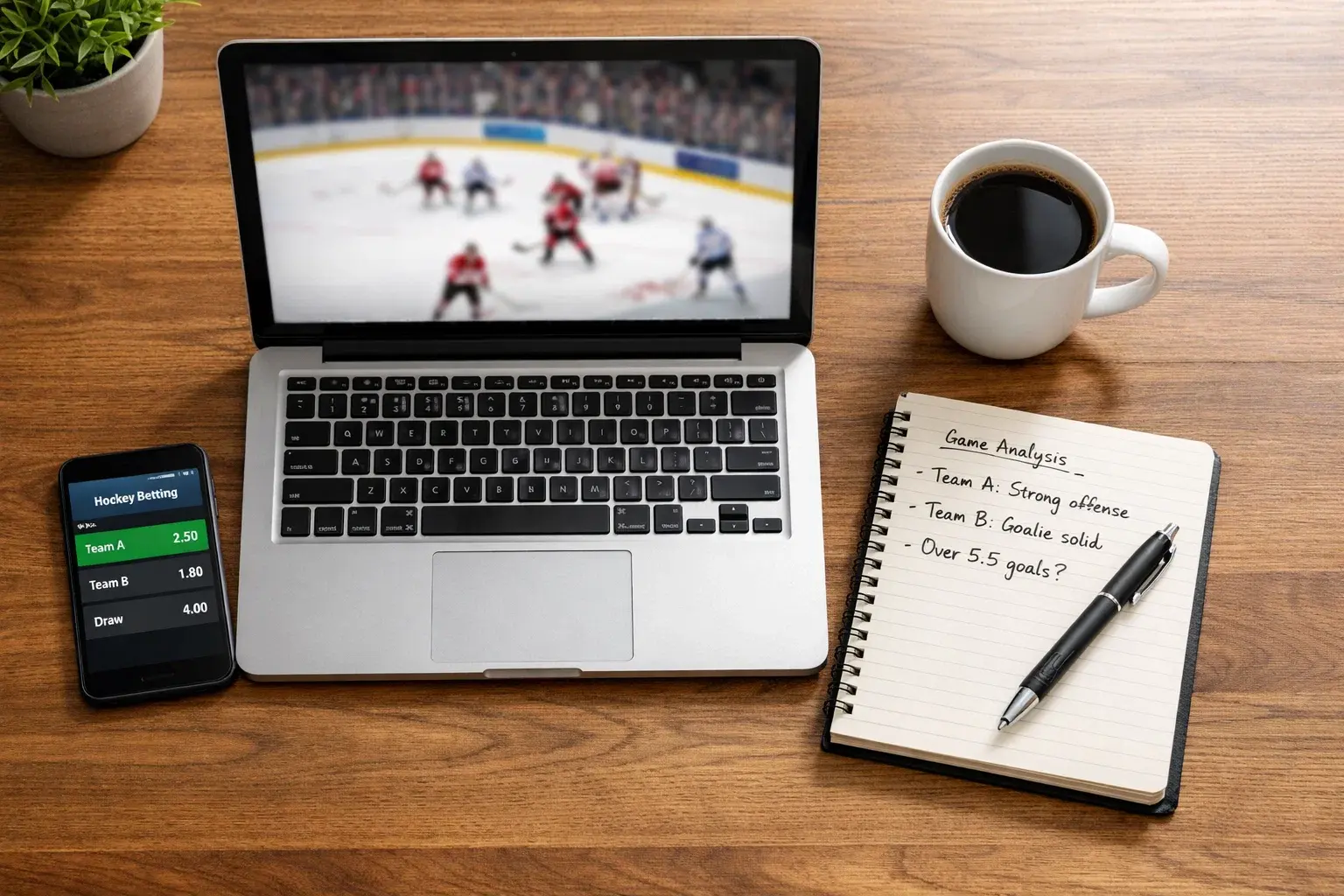 Espace de travail moderne avec ordinateur et carnet pour l'analyse des paris sportifs sur le hockey
