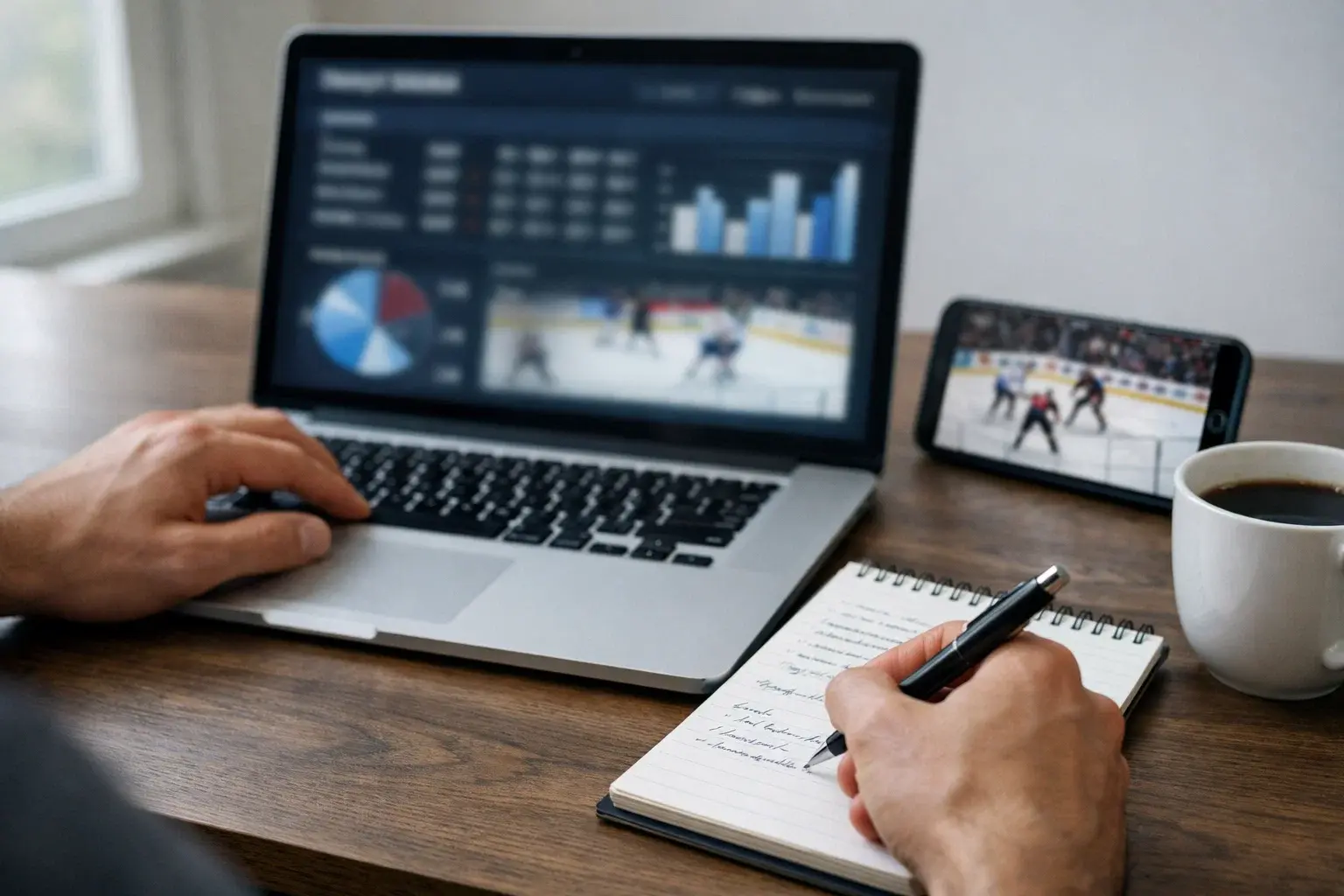 Espace de travail avec ordinateur portable affichant des statistiques de hockey pour analyse des paris sportifs