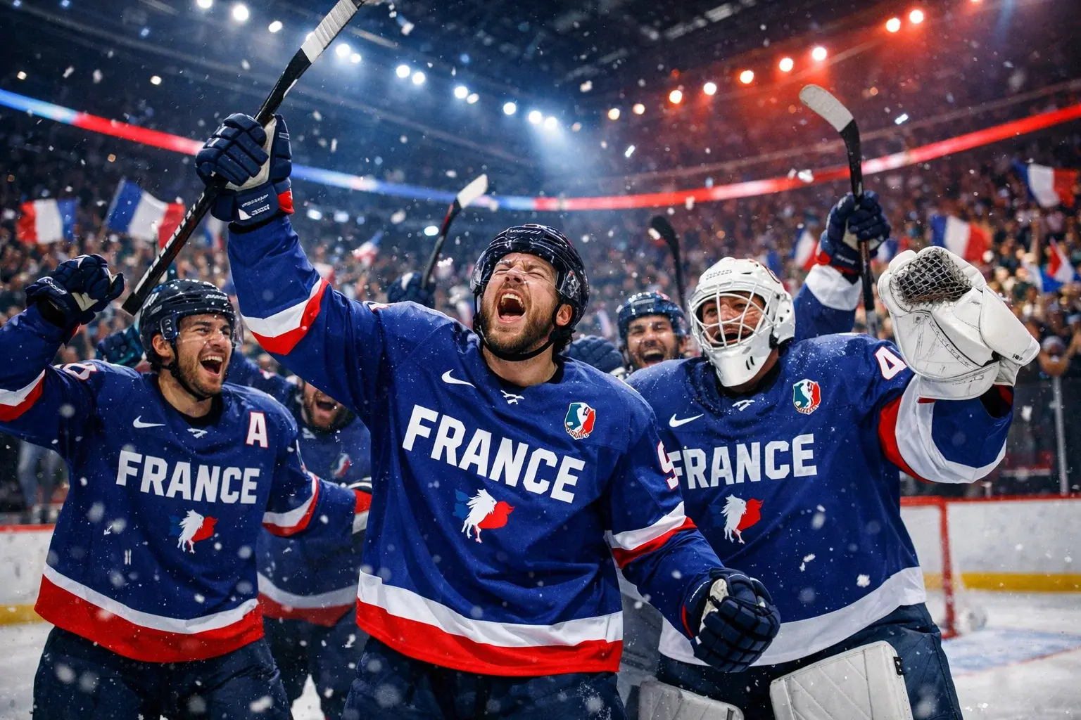 Équipe de France de hockey sur glace célébrant une victoire aux compétitions internationales