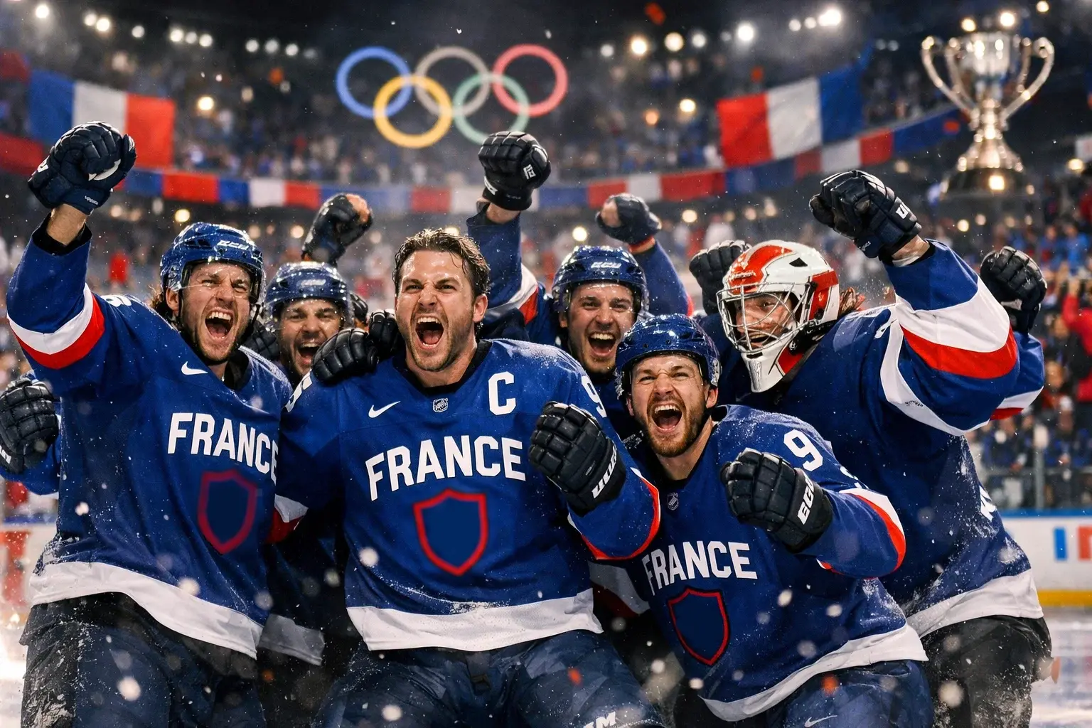 Joueurs de l'équipe de France de hockey sur glace célébrant une victoire sur la patinoire lors d'une compétition internationale