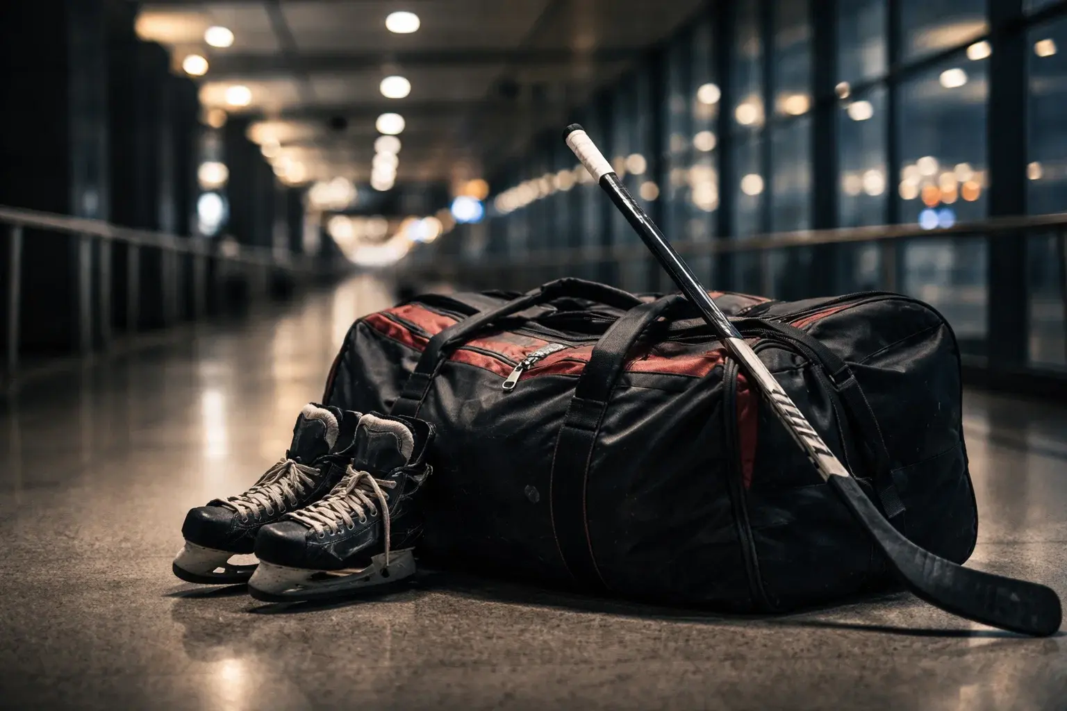 Équipement de hockey dans un terminal d'aéroport illustrant l'impact des voyages sur les performances des équipes