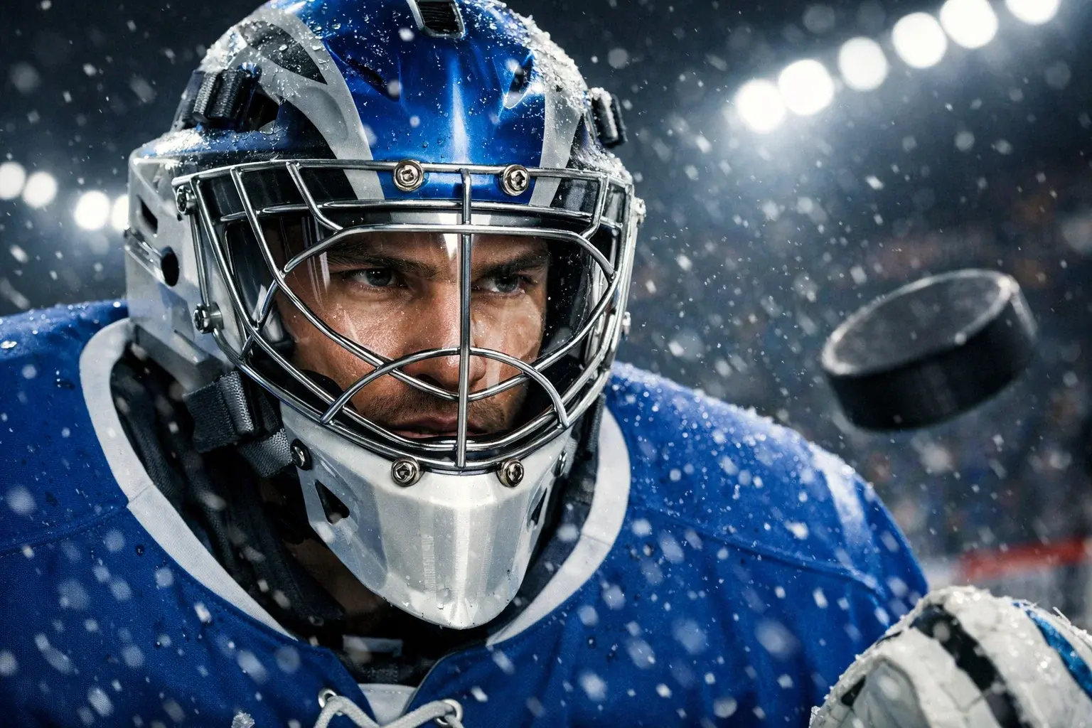 Gardien de but de hockey de l'équipe de France en pleine concentration