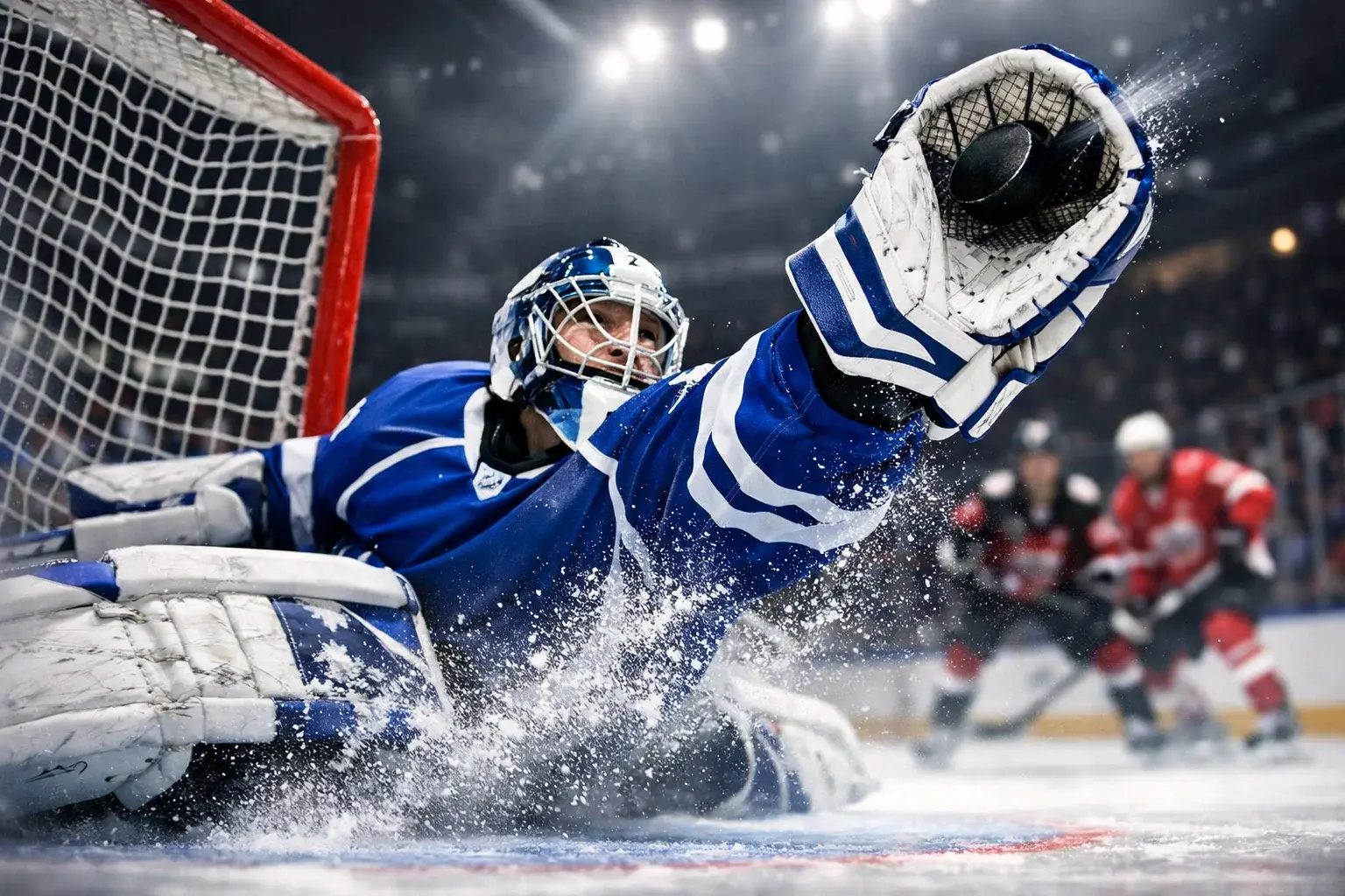 Gardien de but de hockey sur glace effectuant un arrêt spectaculaire lors d'un match de Ligue Magnus