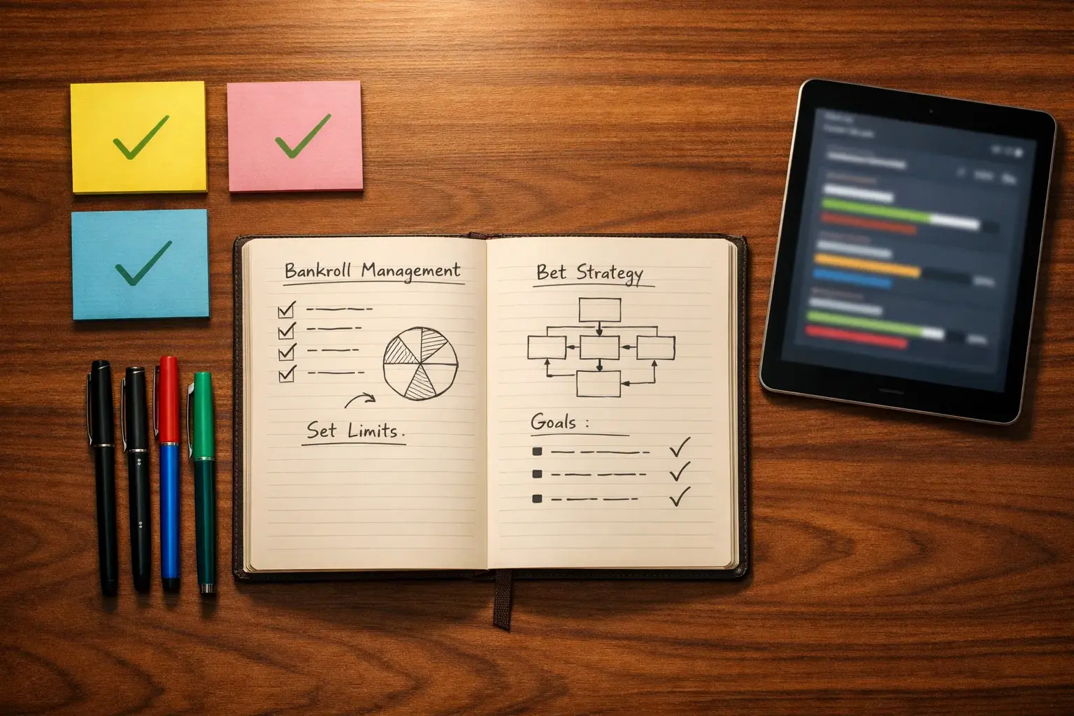 Bureau organisé avec carnet et notes pour la gestion méthodique du bankroll dans les paris sportifs