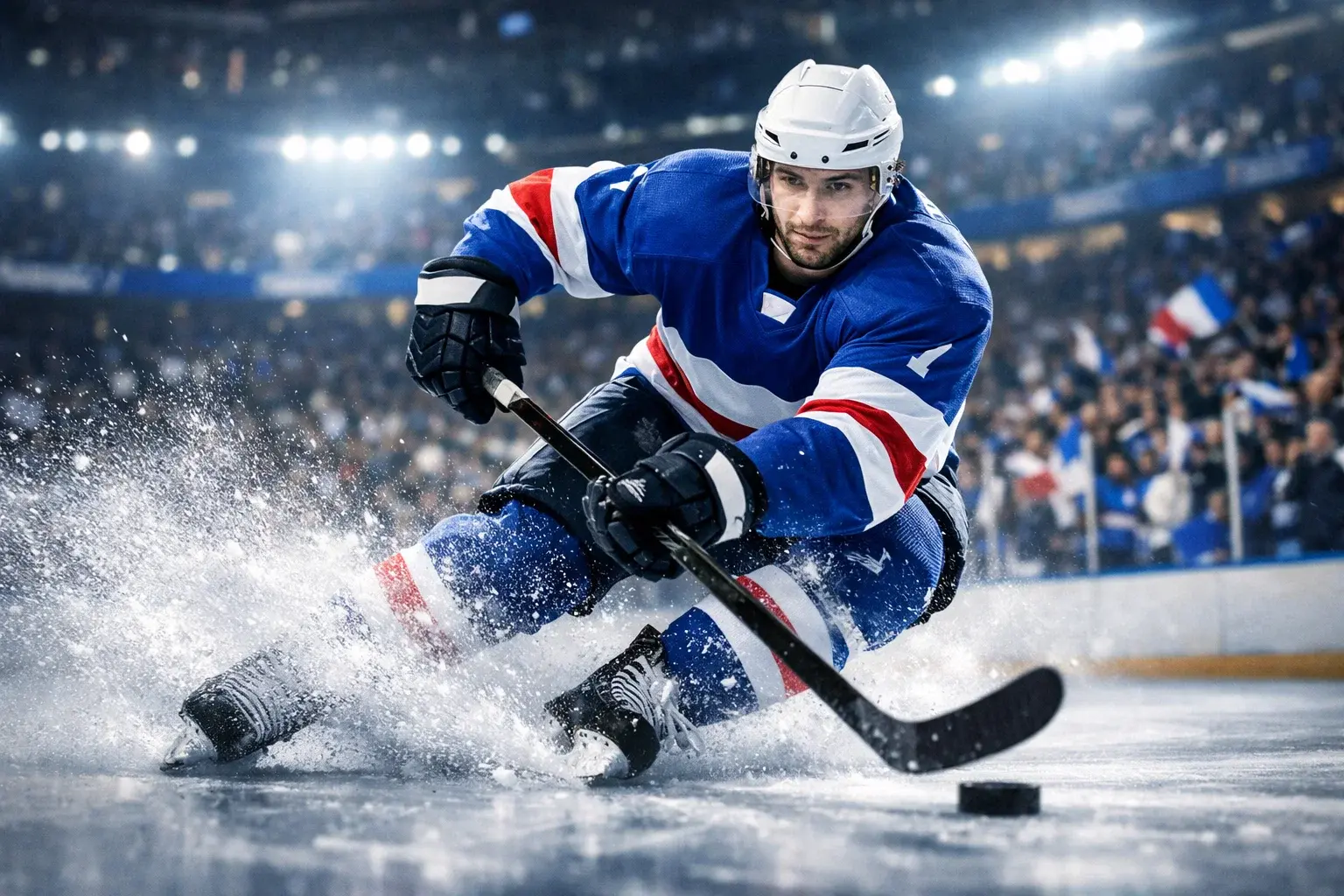 Joueur de hockey sur glace en action lors d'un match intense dans une patinoire française avec ambiance spectaculaire