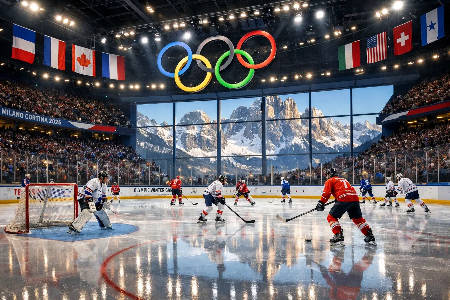 Aréna de hockey des Jeux Olympiques 2026 Milan-Cortina avec anneaux olympiques
