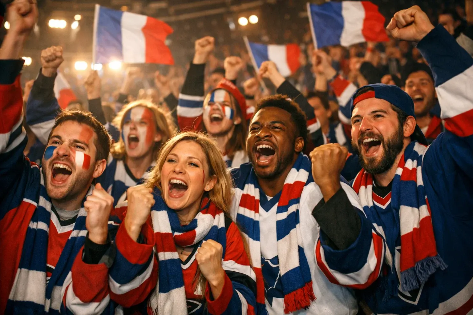Match de hockey sur glace Ligue Magnus dans une patinoire française avec des joueurs en action et des supporters enthousiastes