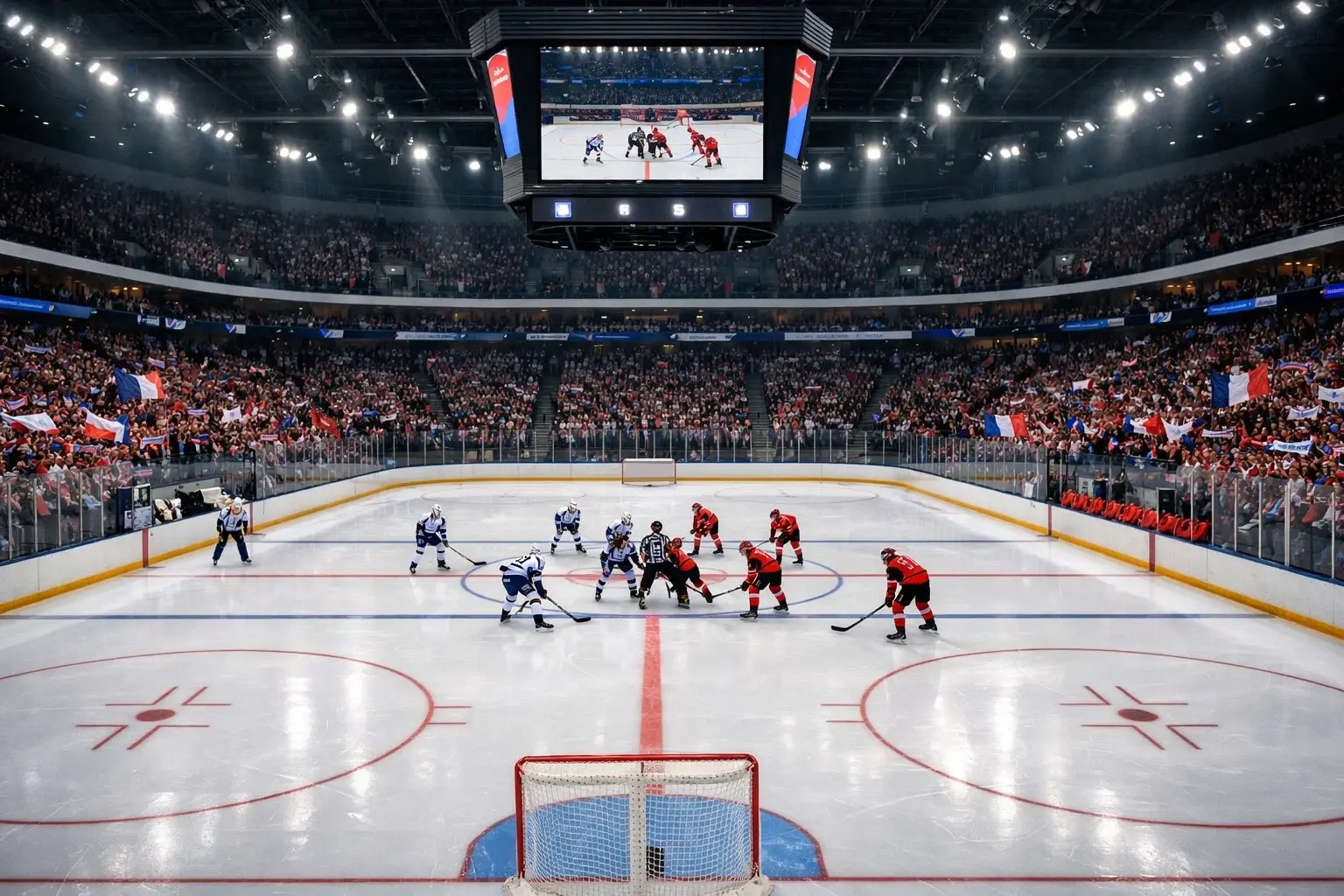 Vue panoramique d'une patinoire française moderne lors d'un match de Ligue Magnus avec tribunes pleines de supporters