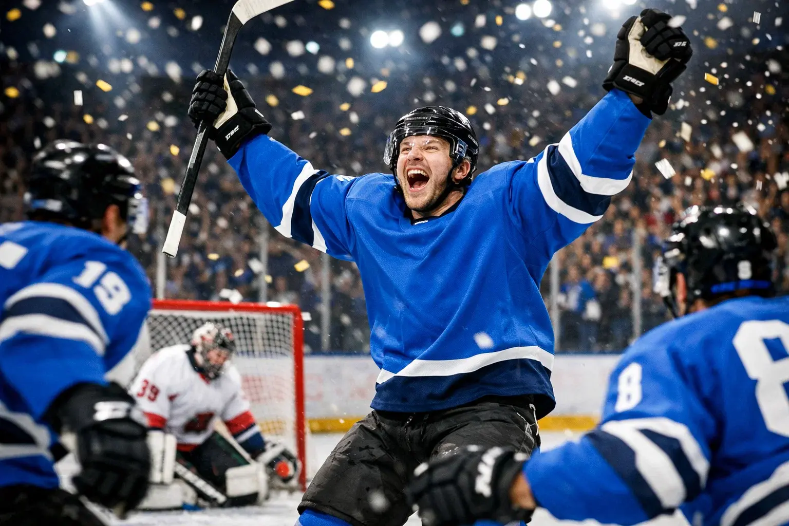 Joueur de hockey célébrant un but avec joie illustrant les paris sur les buteurs