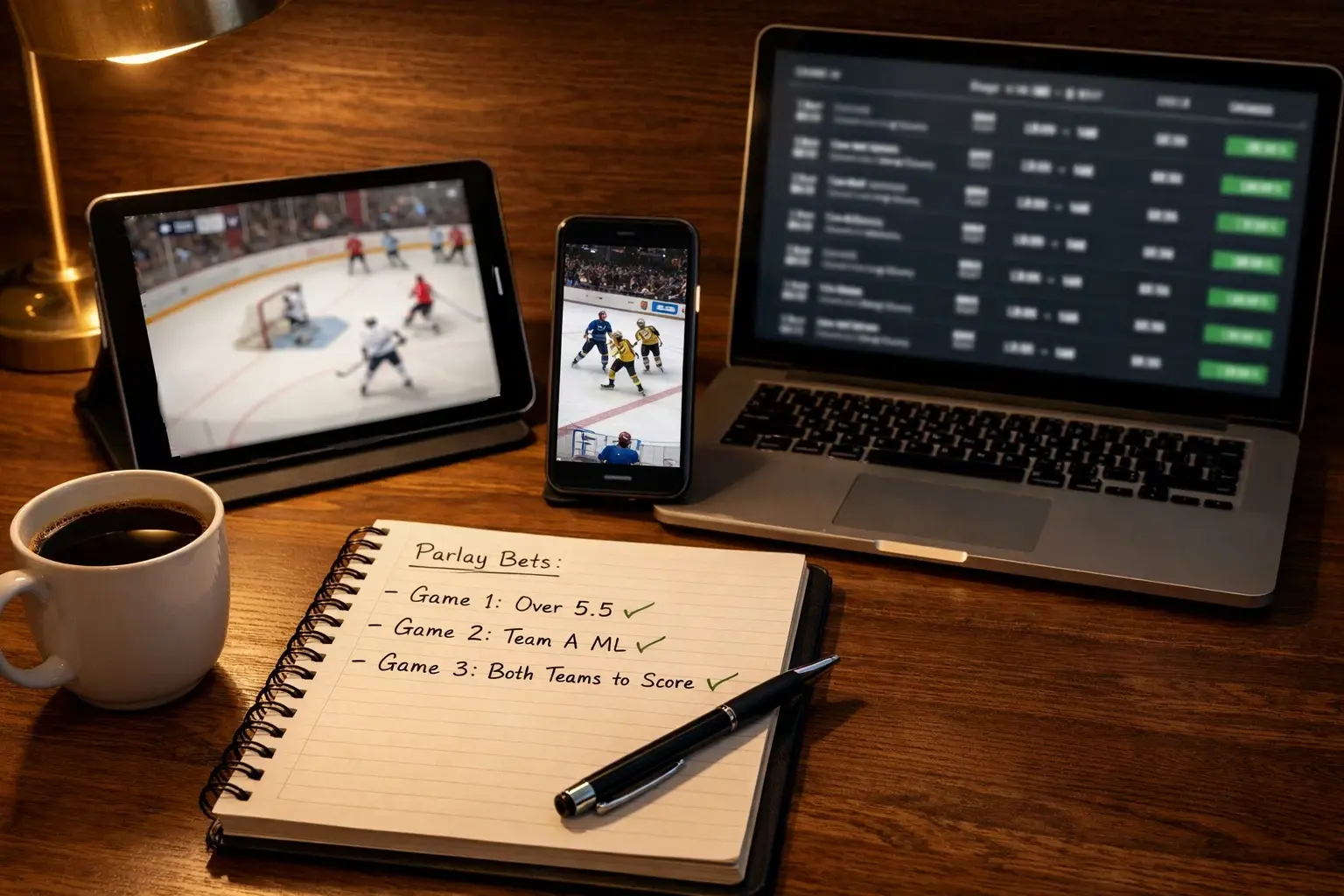 Espace de travail avec plusieurs écrans montrant différents matchs de hockey pour analyse de paris combinés