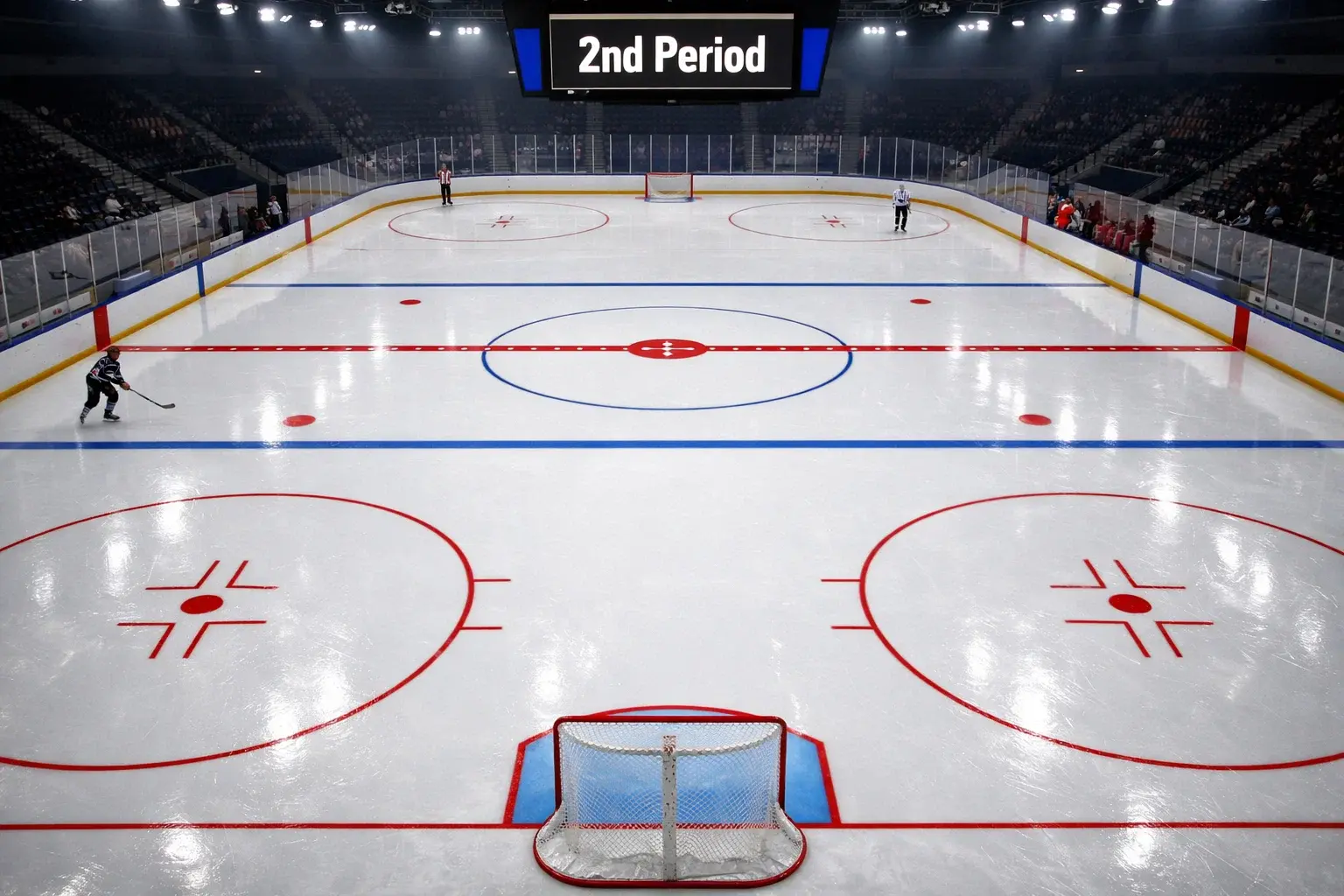 Vue de la patinoire de hockey montrant les trois zones et l'horloge de période pour les paris par période