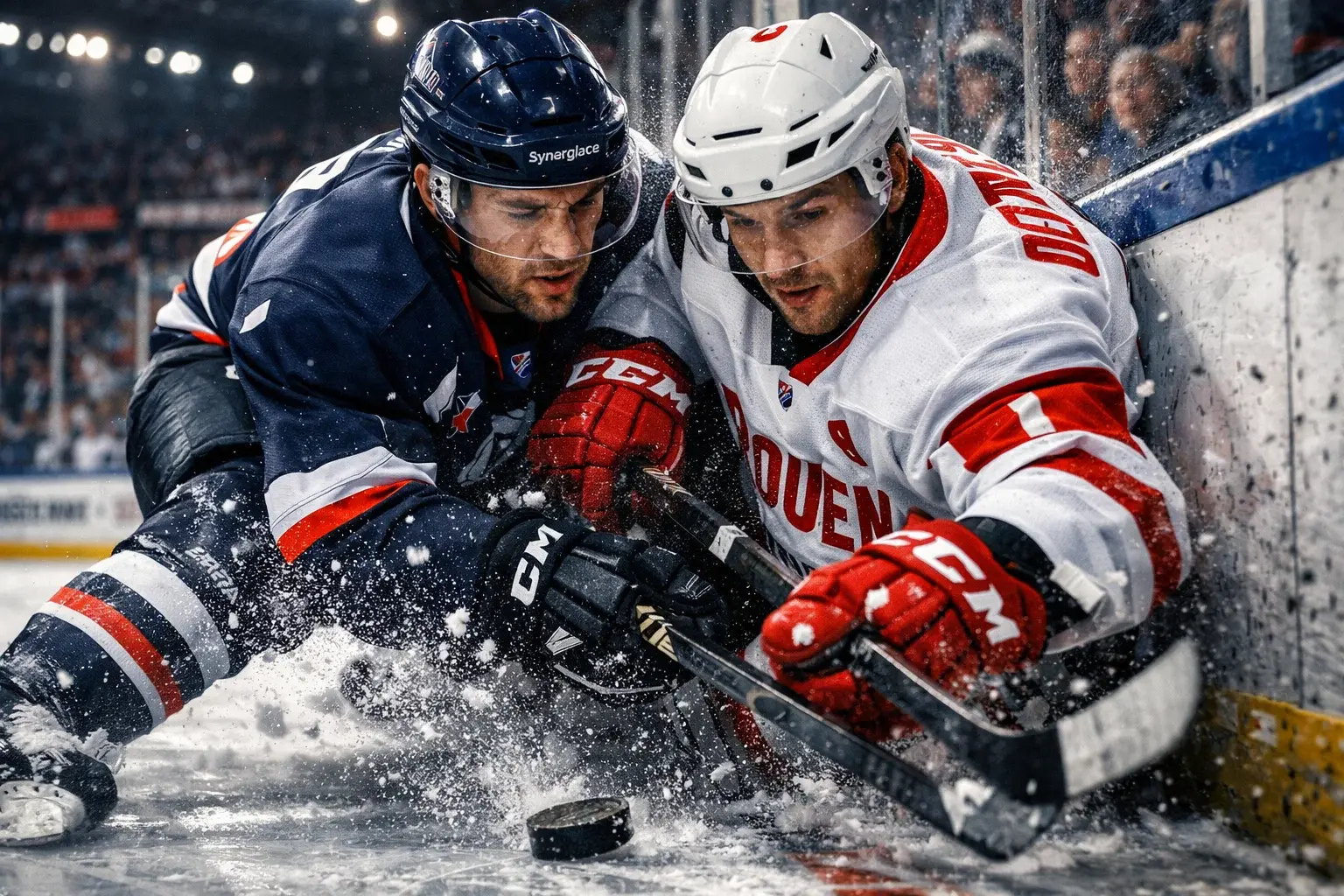Action intense de hockey sur glace lors des playoffs de Ligue Magnus avec deux joueurs se disputant le palet