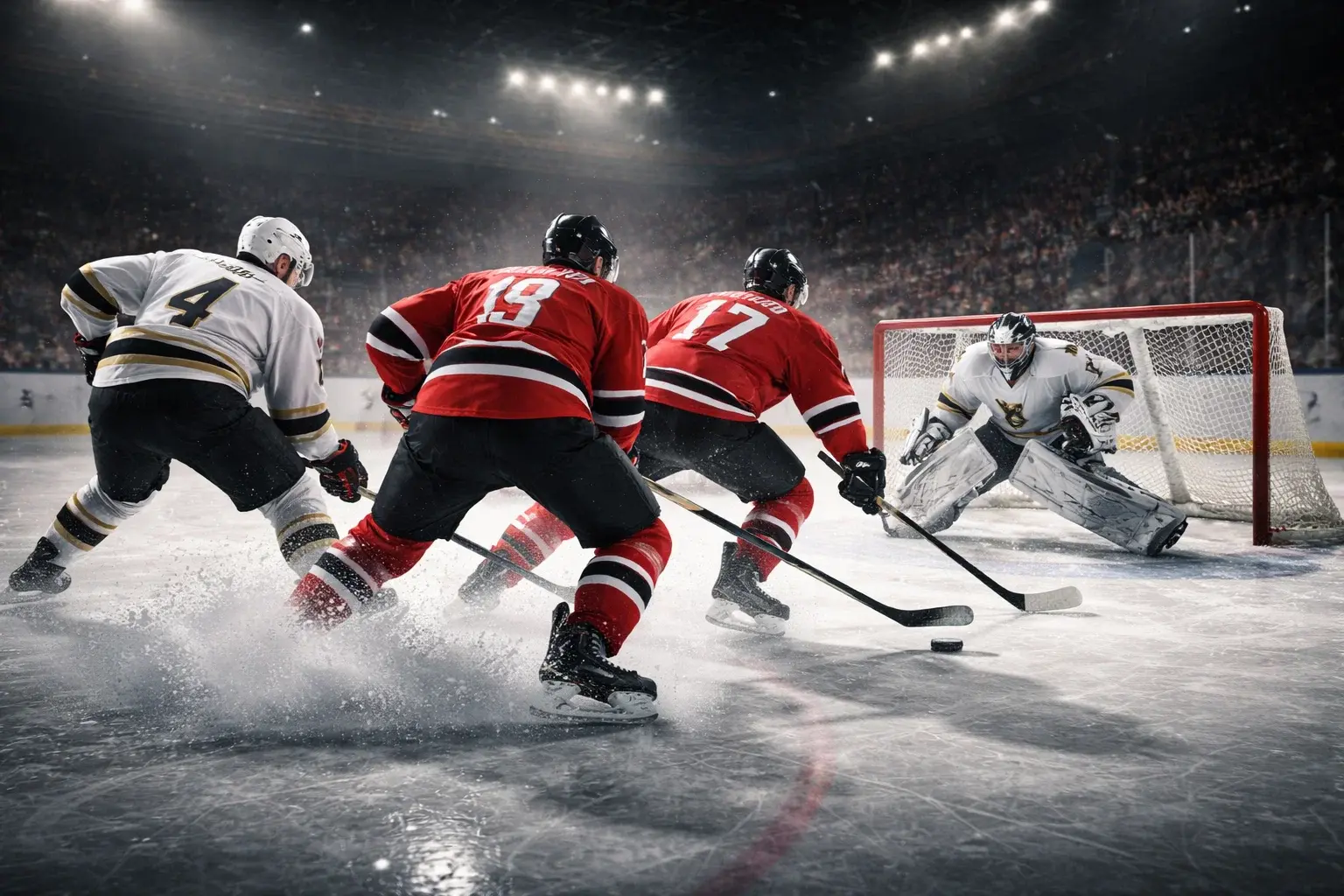 Action de hockey montrant un avantage numérique illustrant le concept de Puckline et handicap