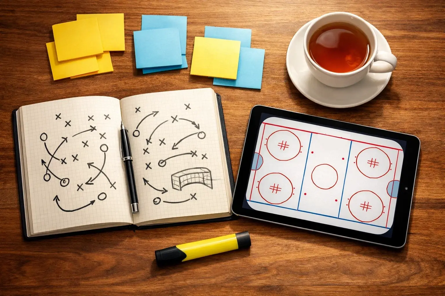 Bureau organisé avec carnet de notes et tablette montrant un plan stratégique pour les paris sur le hockey