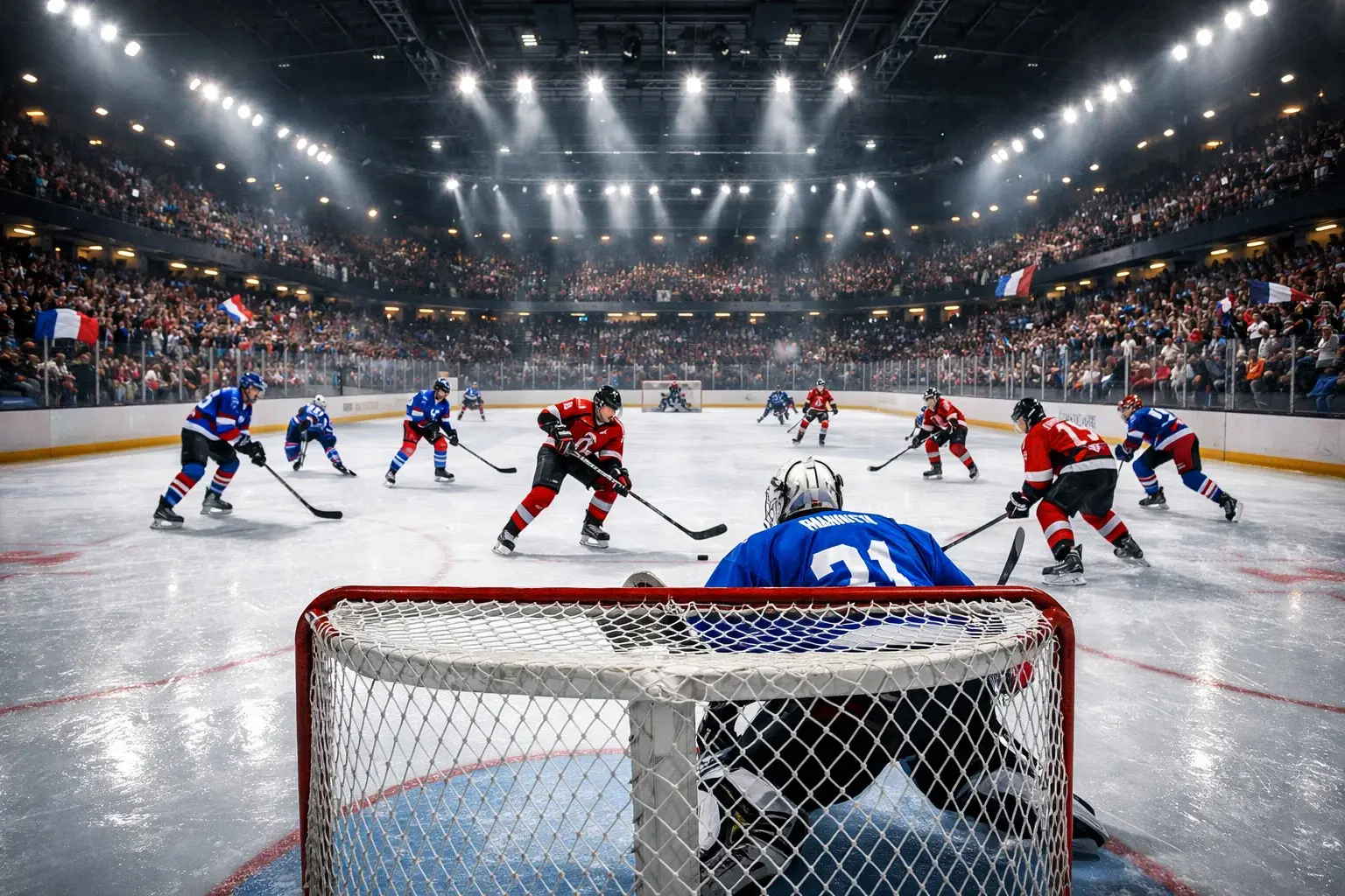 Supporters passionnés de hockey lors d'un match de Ligue Magnus avec drapeaux et écharpes aux couleurs des équipes