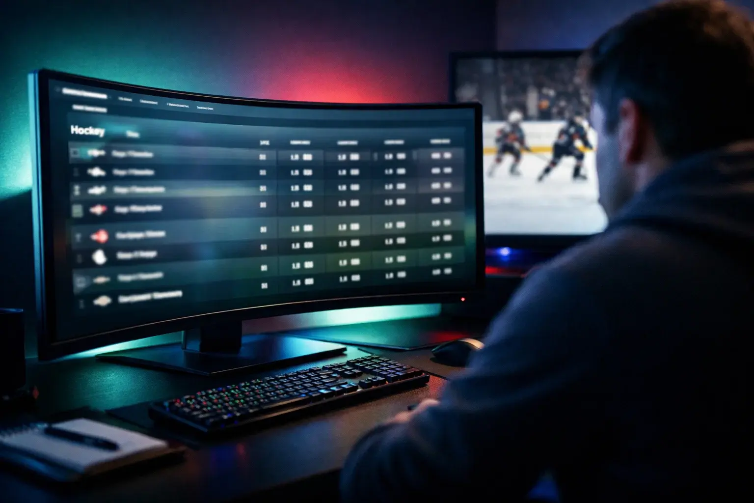 Interface de paris sportifs affichant les options de paris sur le hockey sur glace avec un match en arrière-plan